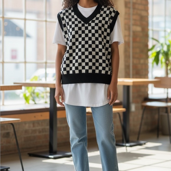 OAK + FORT Monochrome Checkered Knit Vest - Picture 7 of 7